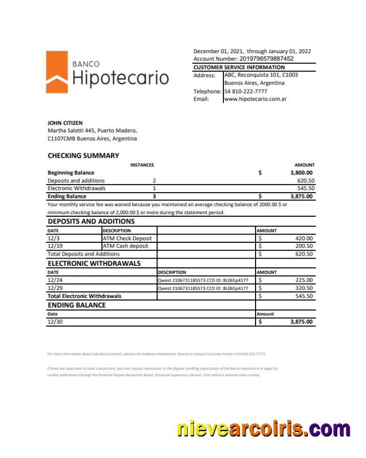 Argentina Banco Hipotecario bank statement xls